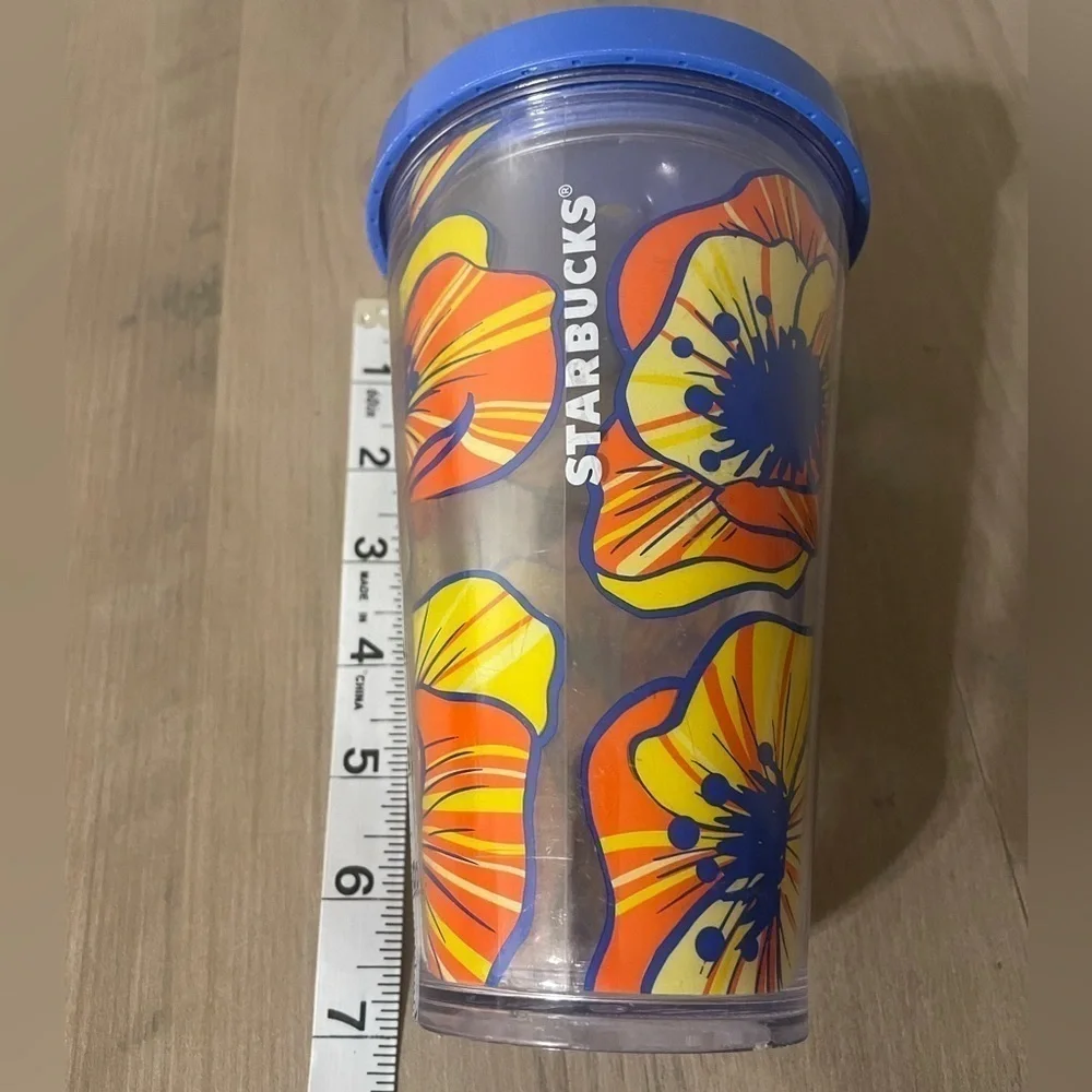 STARBUCKS 16ozs flowers grande size cold cup blue yellow orange clear tumbler